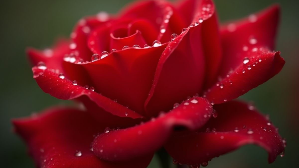 Close-up van een bloeiende rode roos met dauwdruppels.