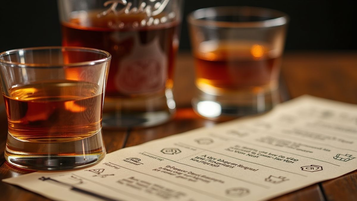 Close-up van een bourbonfles met proefformulieren en glazen
