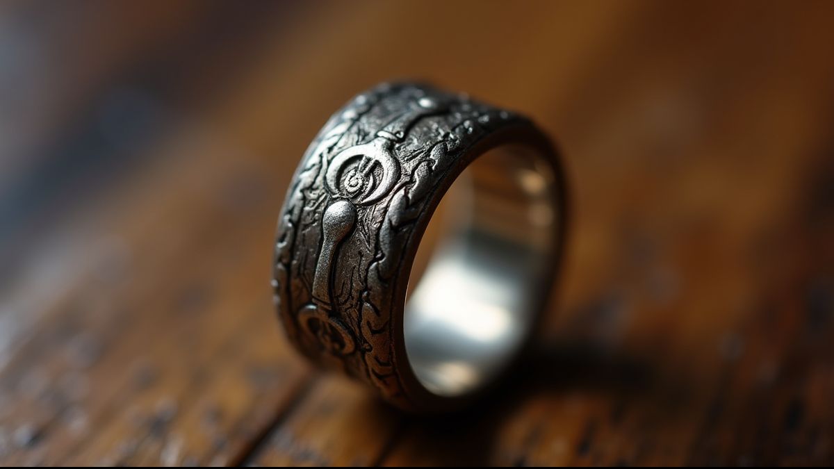 Close-up van een huwelijksring met een oud Egyptisch symbool.
