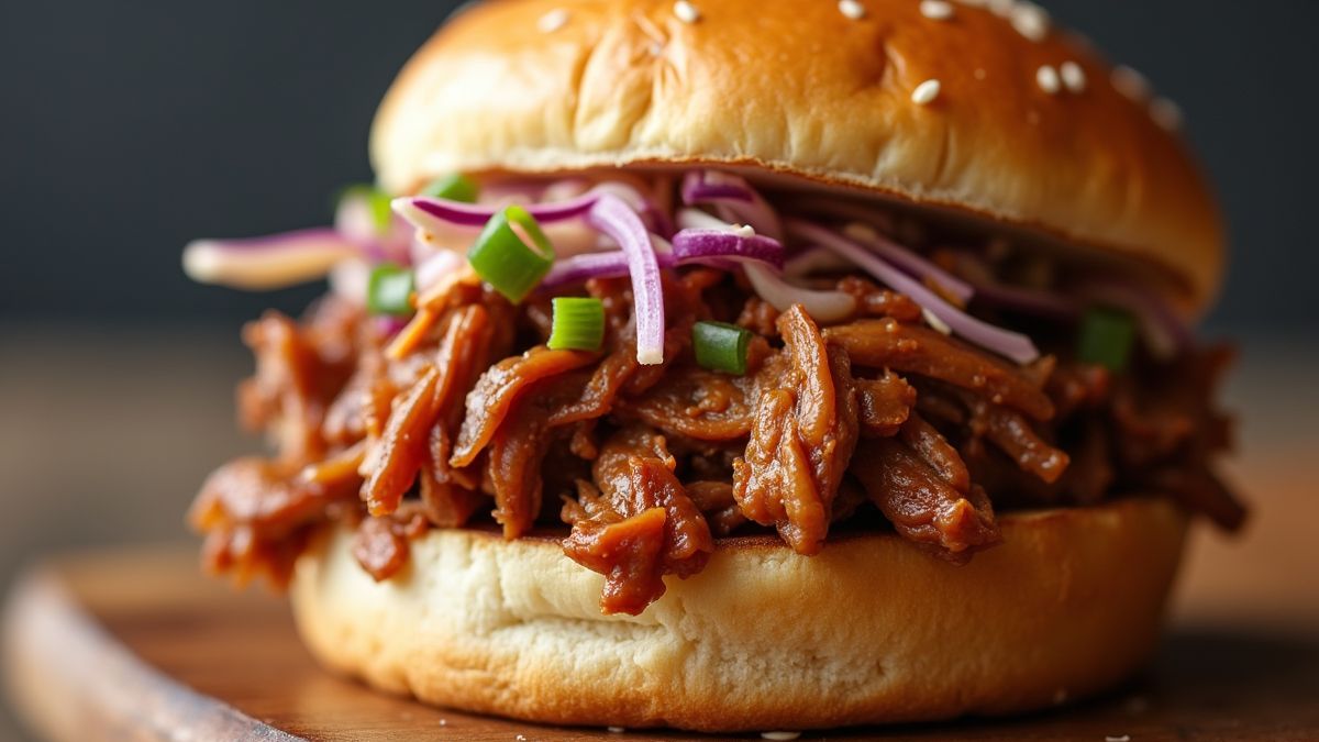 Close-up van pulled pork op een sandwich