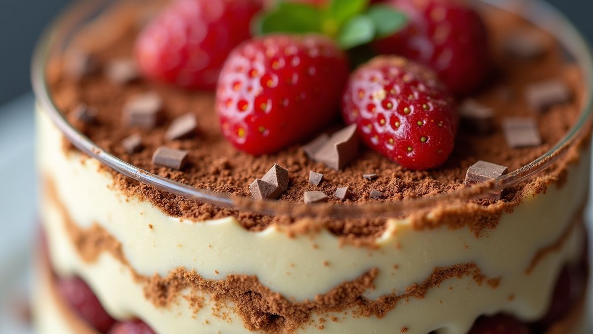 Close-up van traditionele tiramisu met cacaopoeder en chocolade