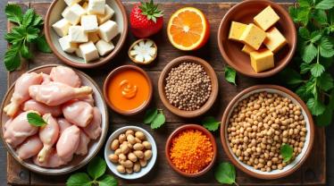 Collage van eiwitrijke voedingsmiddelen op houten tafel