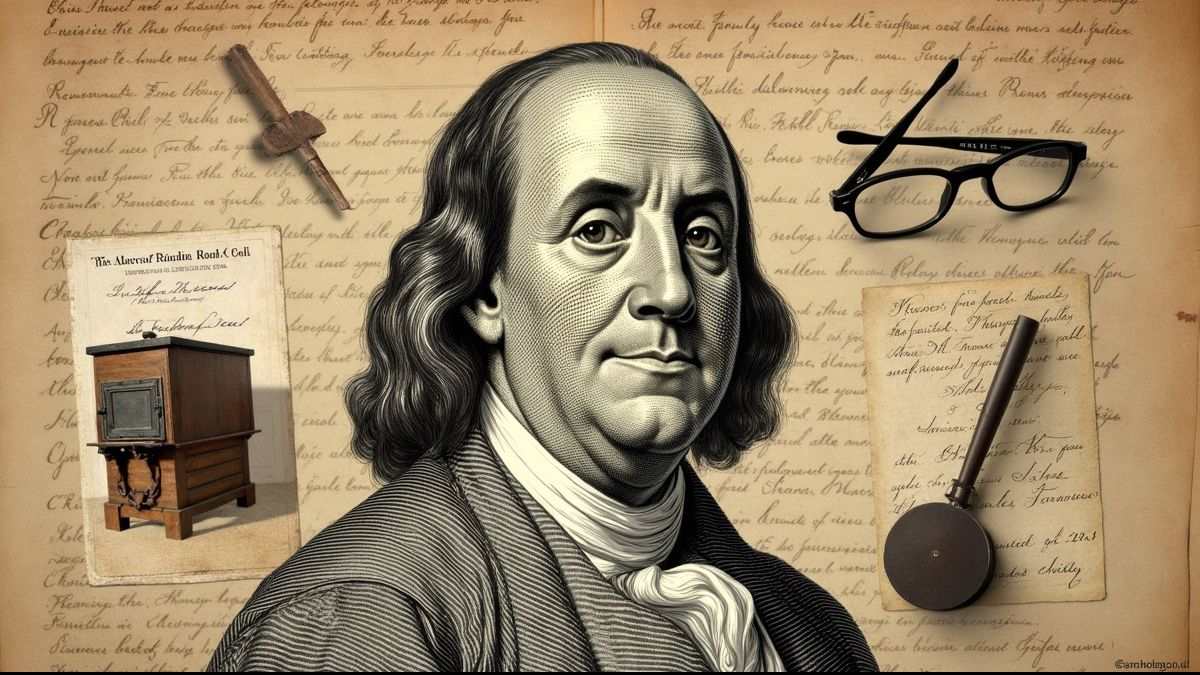 Collage van Franklin's uitvindingen tegen een historische achtergrond
