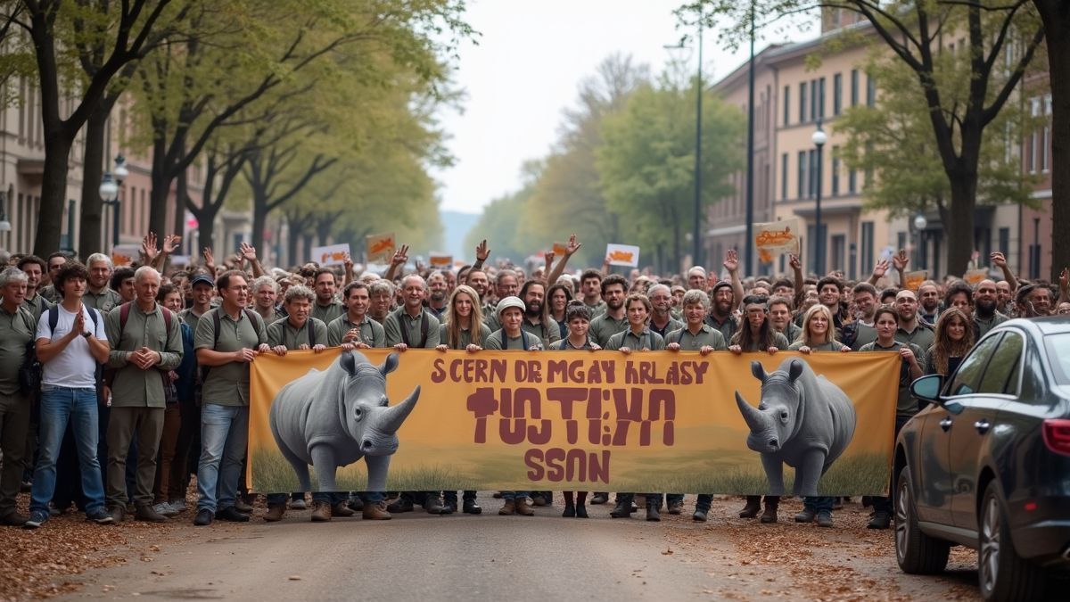 Conservationisten met banners voor neushoornbescherming.