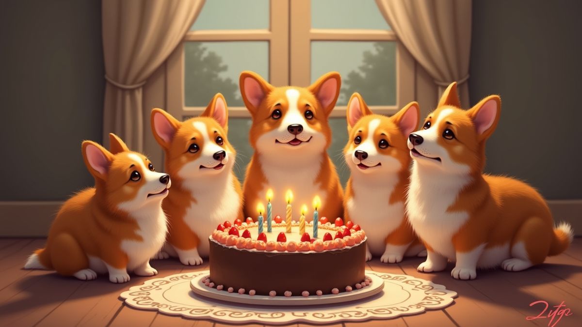 Corgi's verzameld rond een feestelijke taart