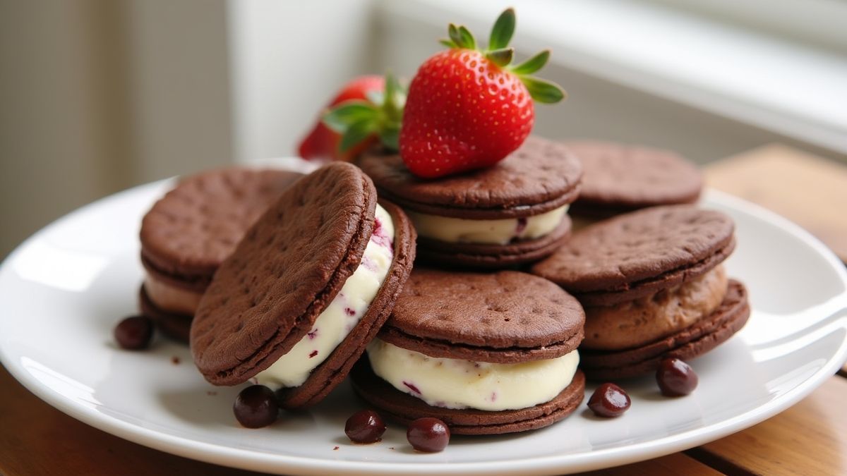 Creatief dessert van chocoladewafel-ijs-sandwiches