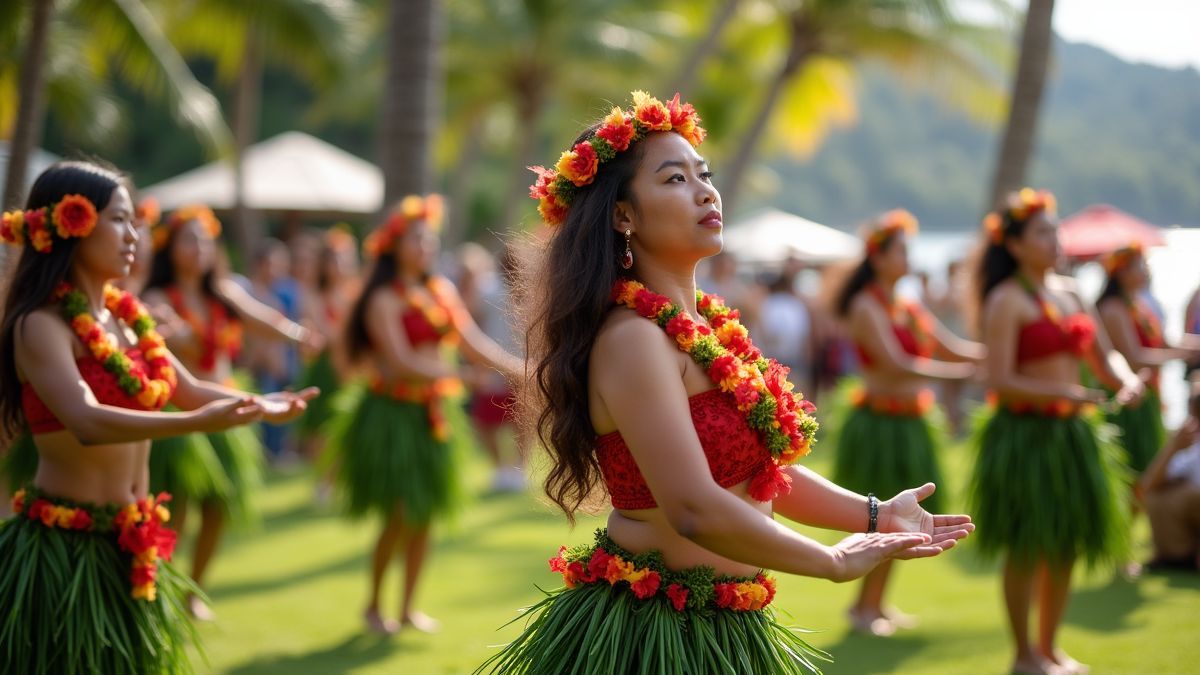 Deelnemers die Hula dansen in een Hawaiiaanse setting