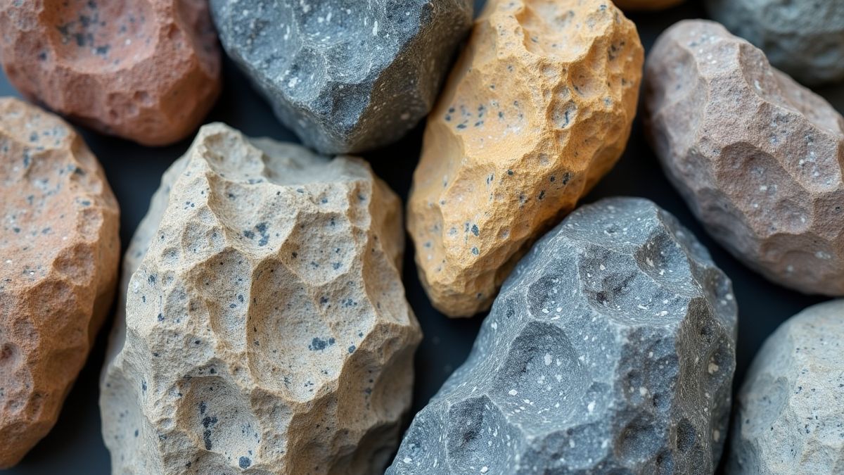 Dichtbij beeld van verschillende soorten rotsen waaronder graniet en kalksteen.