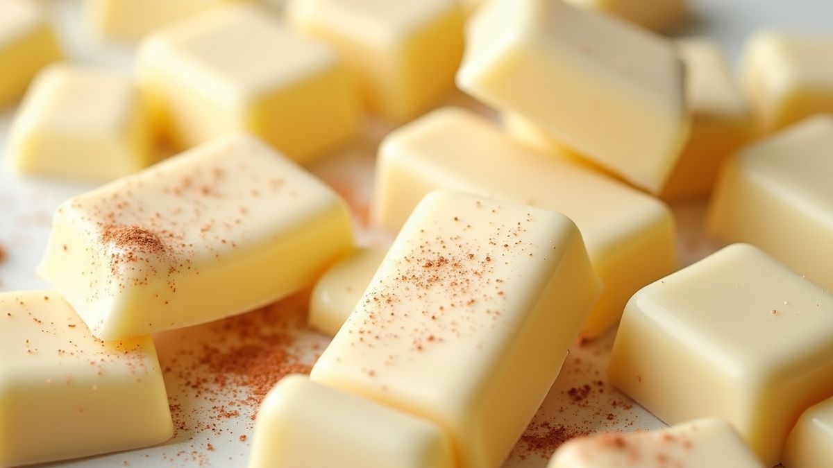 Dichtbij beeld van witte chocolade in diverse vormen.