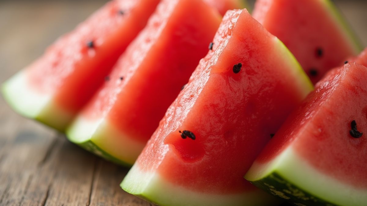 Dichtbij opname van sappige watermeloenplakken op een houten tafel