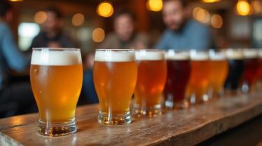 Diverse Belgische tripel bieren op een houten tafel.