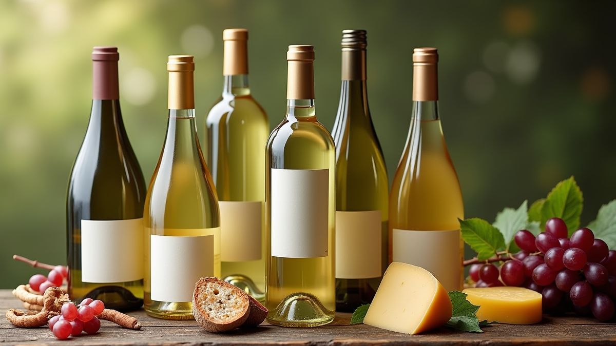 Diverse flessen witte wijn op een tafel