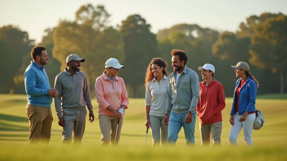 Diverse groep mensen die samen genieten van een potje golf, lachend en spelend