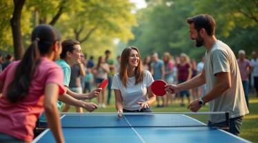 Mensen van verschillende leeftijden en culturen spelen tafeltennis in een gemeenschapscentrum.