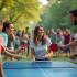Diverse groep mensen die tafeltennis speelt in een park.