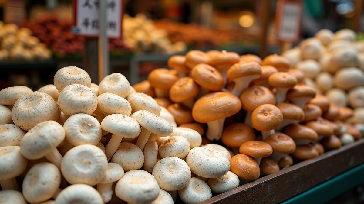 Diverse paddenstoelen in een Aziatische markt