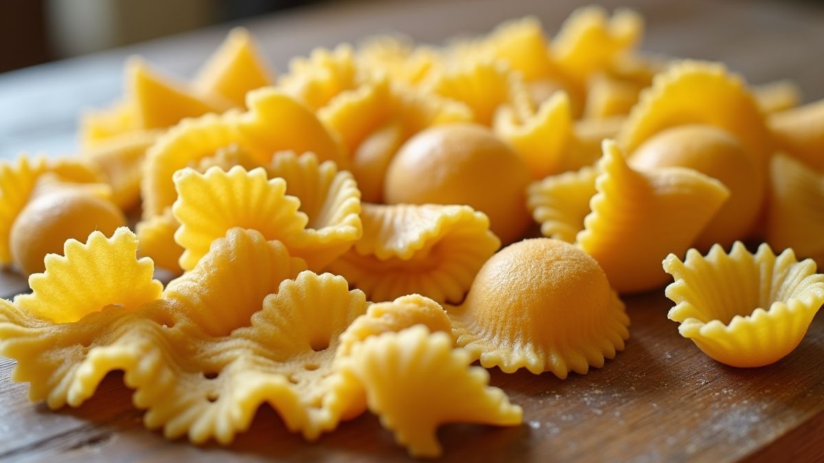 Diverse pastavormen gerangschikt op een houten tafel.