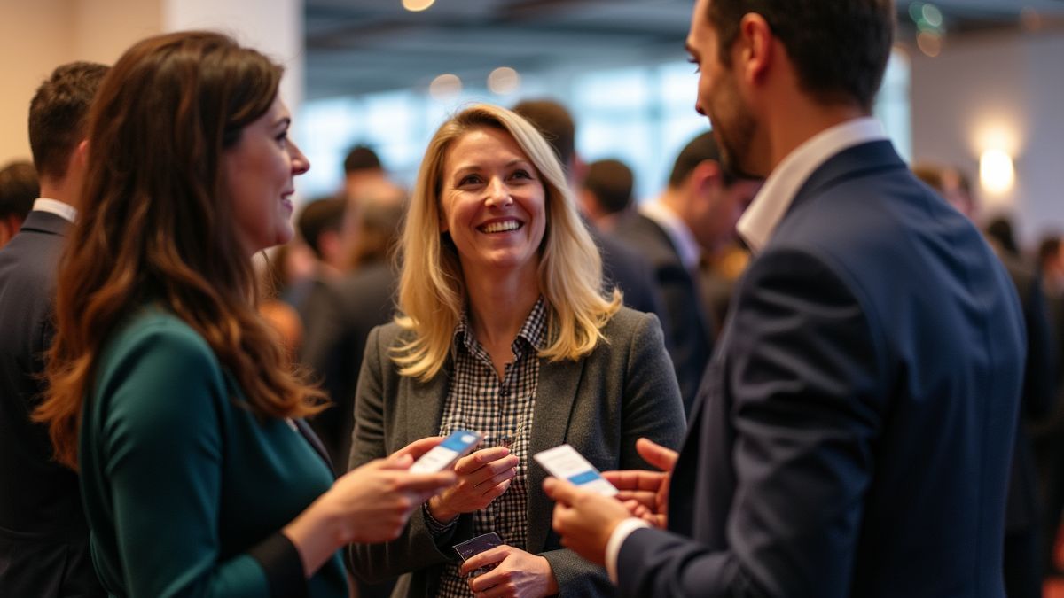 Diverse professionals netwerken op een innovatie-evenement.