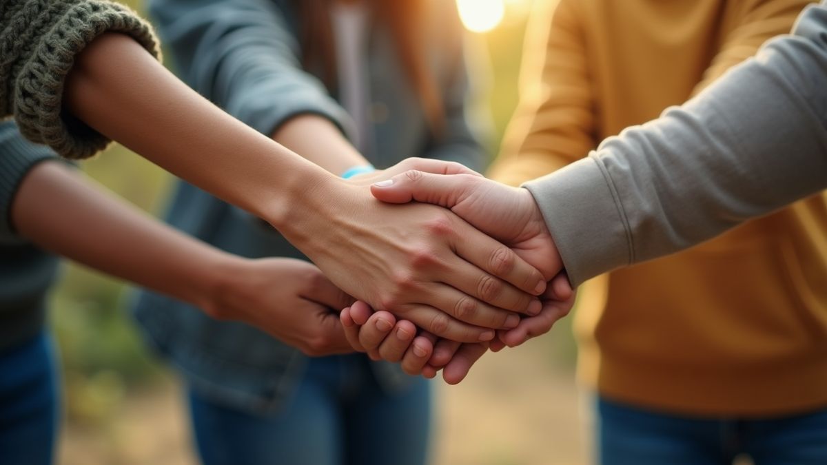Diverse wereldgemeenschap die handen vasthoudt als eenheid en steun