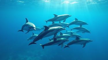 Dolfijnen zwemmen in helderblauwe oceaanwateren.