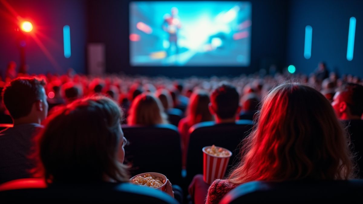 Drukke bioscoop met publiek genietend van een blockbuster.