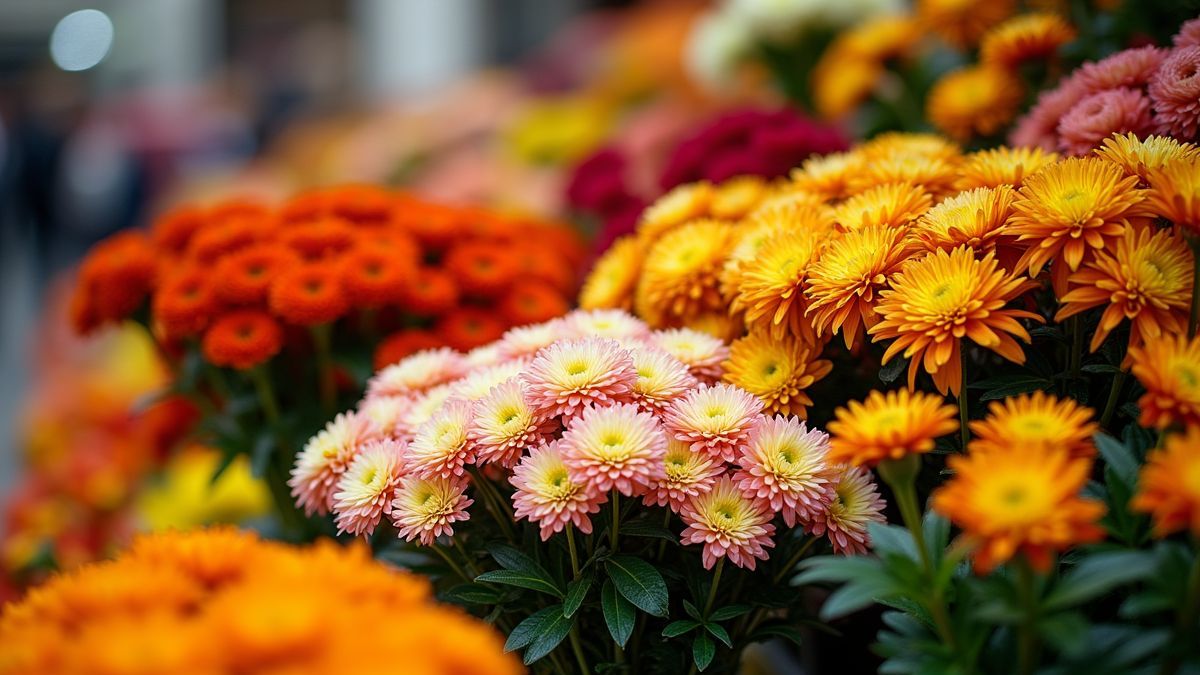 Drukke bloemenmarkt met chrysanten.
