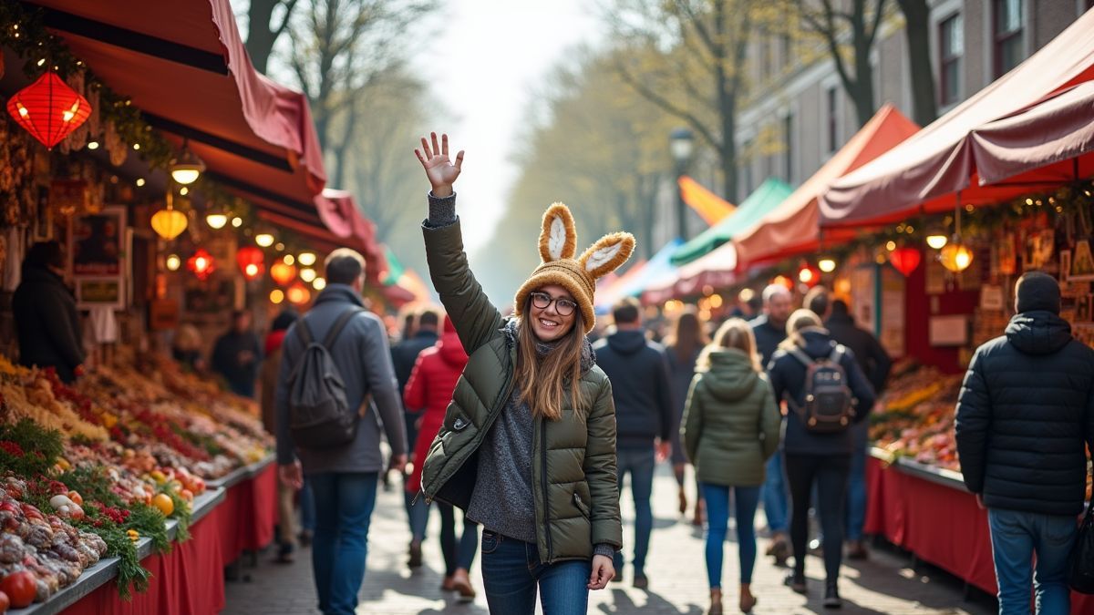 Drukke straatmarkt tijdens Koningsdag met enthousiaste bezoekers.