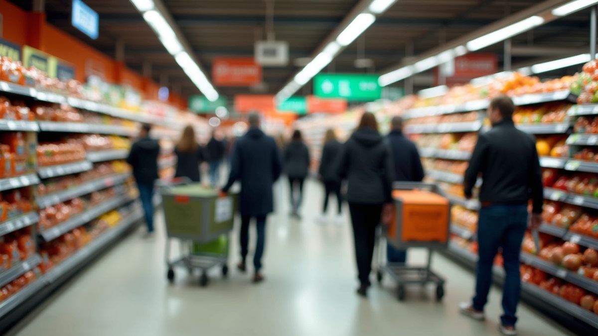 Drukke supermarkt in België met klanten die gebruik maken van winkelwagentjes.