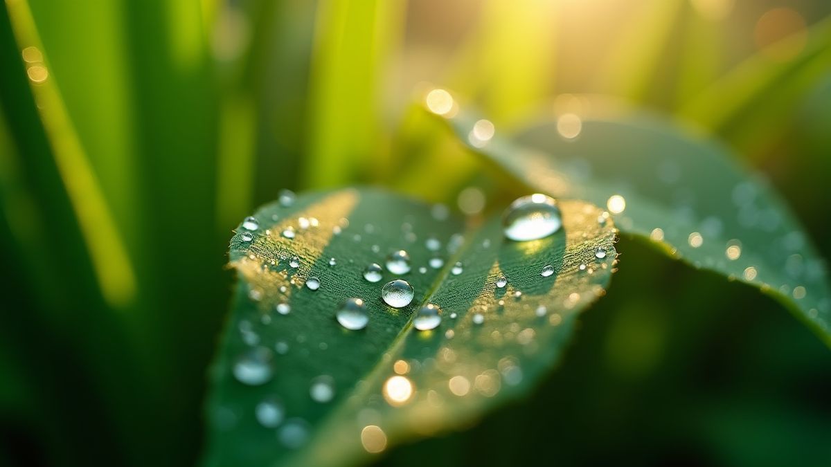Druppels water op groene bladeren.