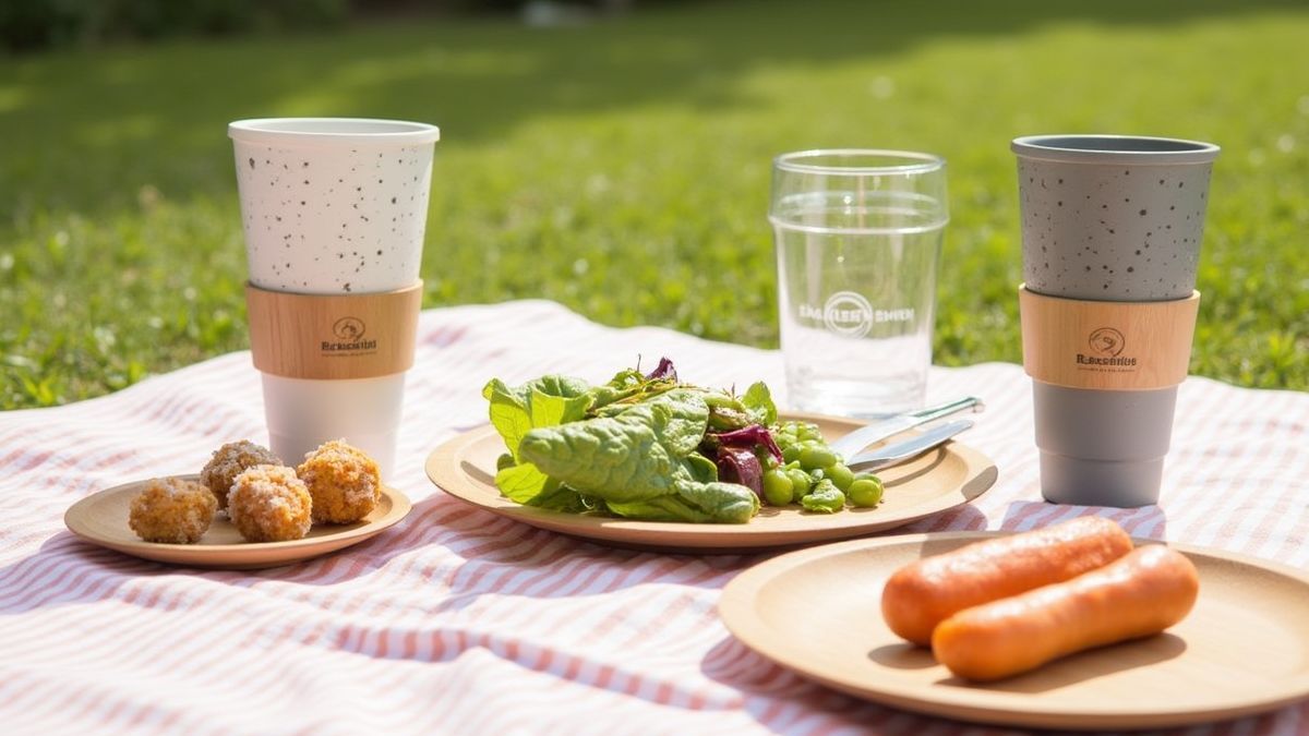 Eco-vriendelijke picknick materialen en opstelling.