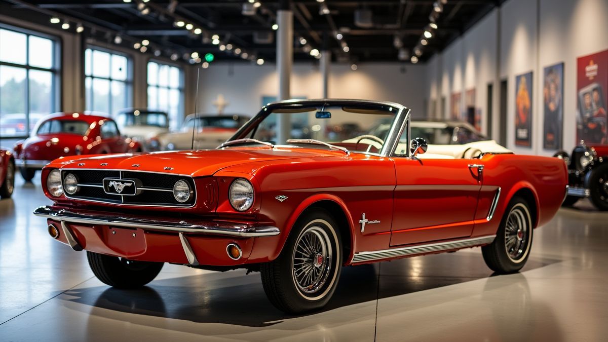 Een 1964 Ford Mustang in een museumomgeving