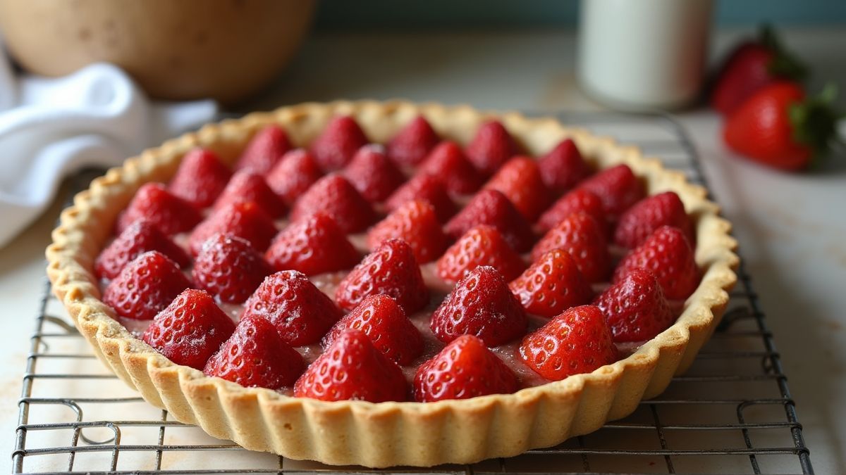 Een aardbei rabarber taart die afkoelt op een aanrecht