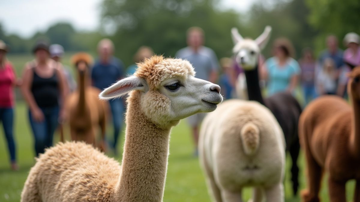 Een alpaca boerderij tijdens een open dag met mensen die met alpaca's omgaan