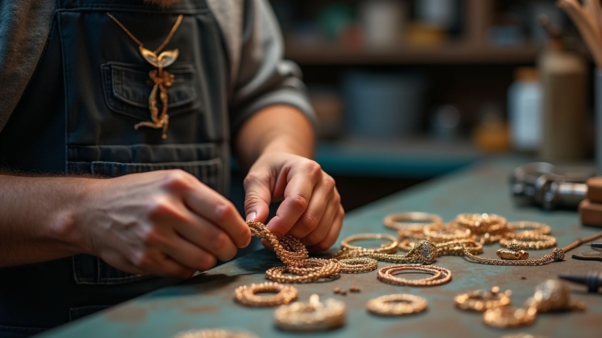 Een ambachtsman maakt maliënkolder sieraden in een werkplaats.