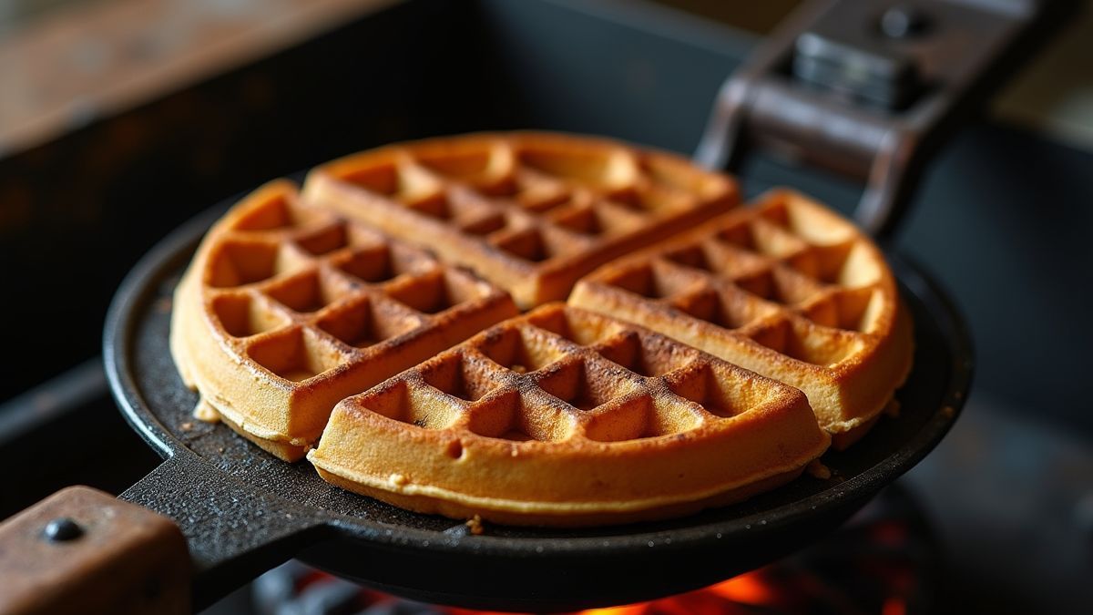 Een antiek wafelijzer boven een open vuur