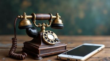 Een antieke telefoon naast een moderne smartphone.