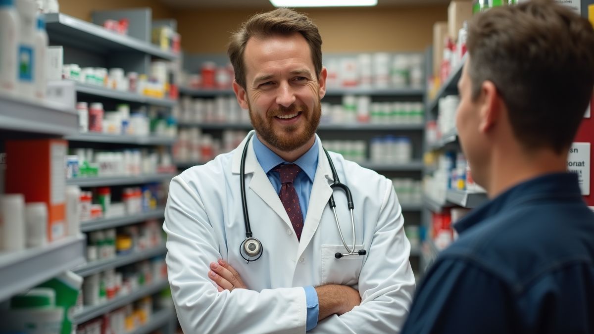 Een apotheker die een klant helpt in een apotheek.