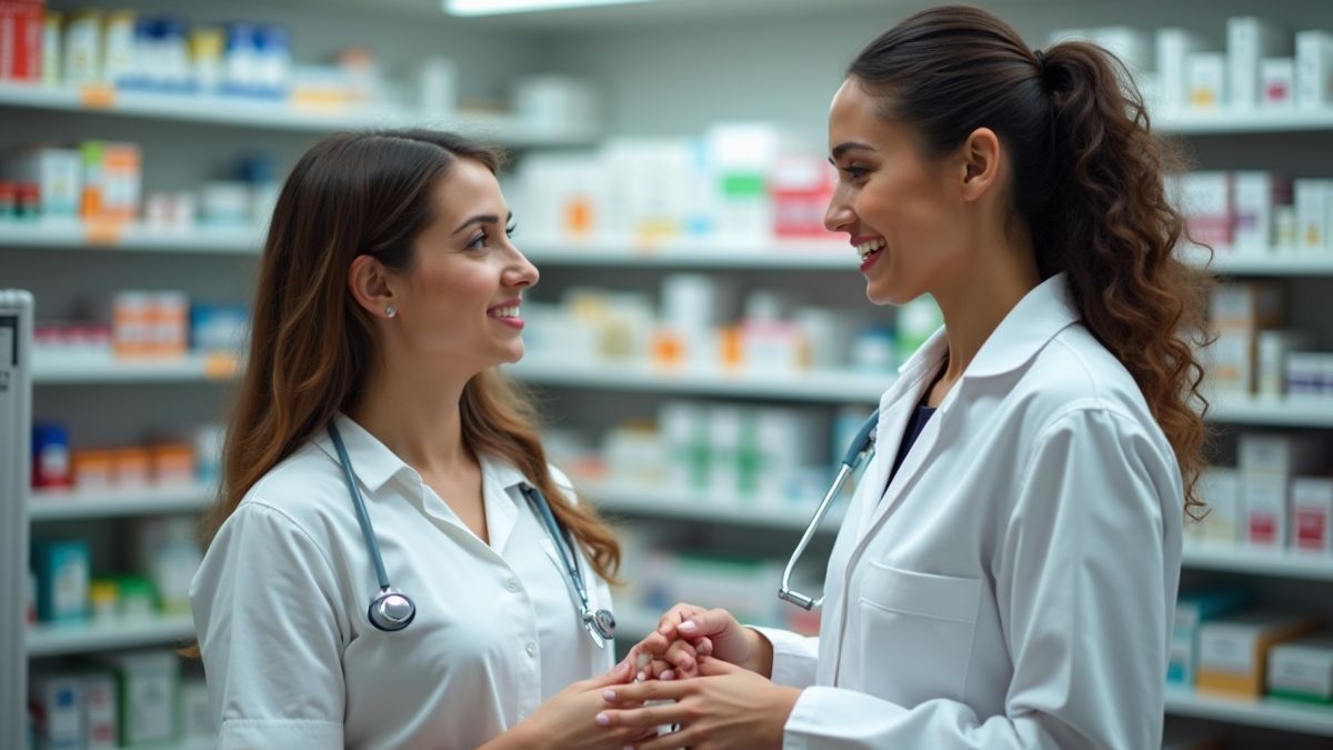 Een apotheker die een klant helpt in een apotheek.