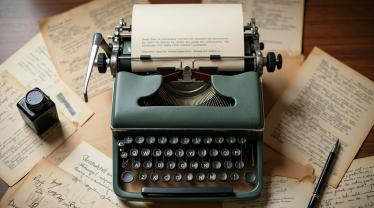 Een artistieke typemachine omringd door vintage papieren en inkt