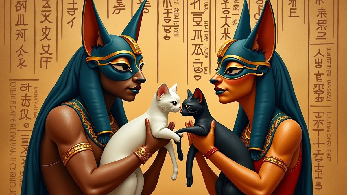 Een artistieke weergave van oude Egyptenaren met katten.