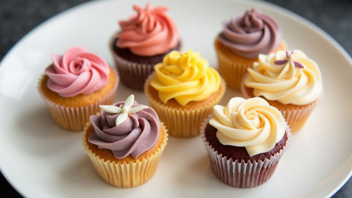 Een assortiment cupcakes op een wit bord, elegant versierd.