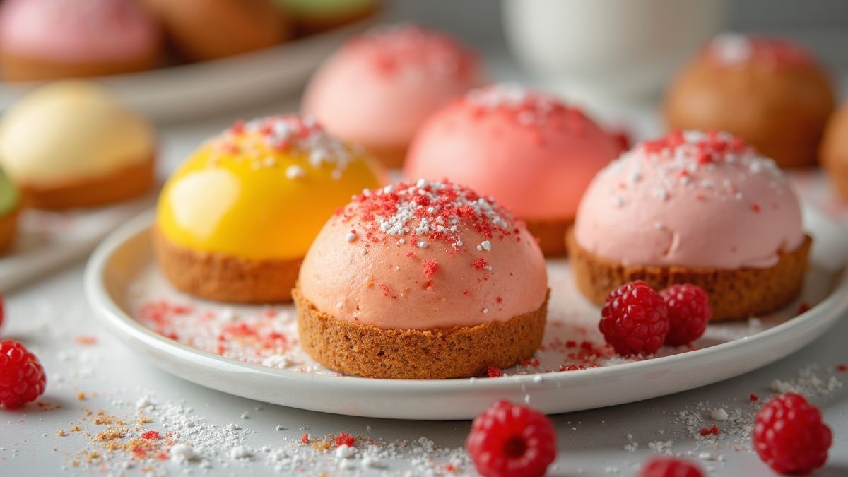 Een assortiment kleurrijke sponscakes op een desserttafel