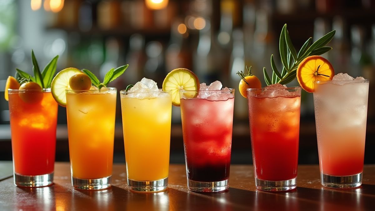 Een assortiment van cachaça cocktails op een bar.