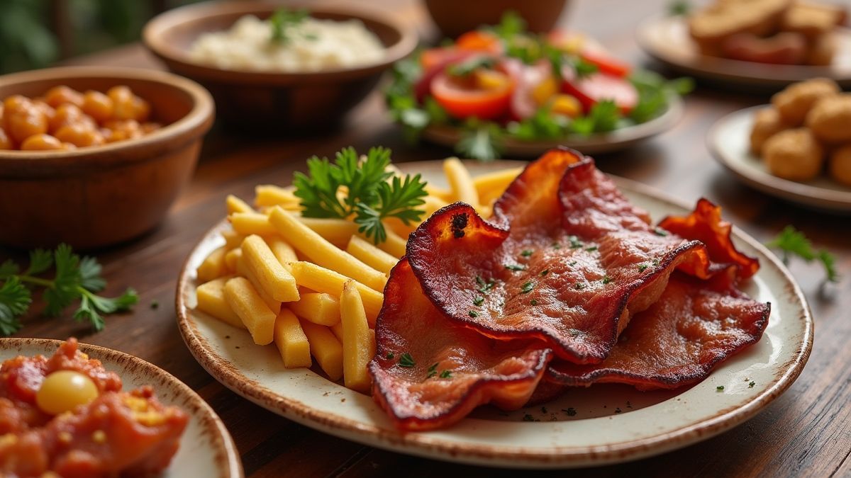 Een assortiment van populaire bacon gerechten op een rustieke eettafel