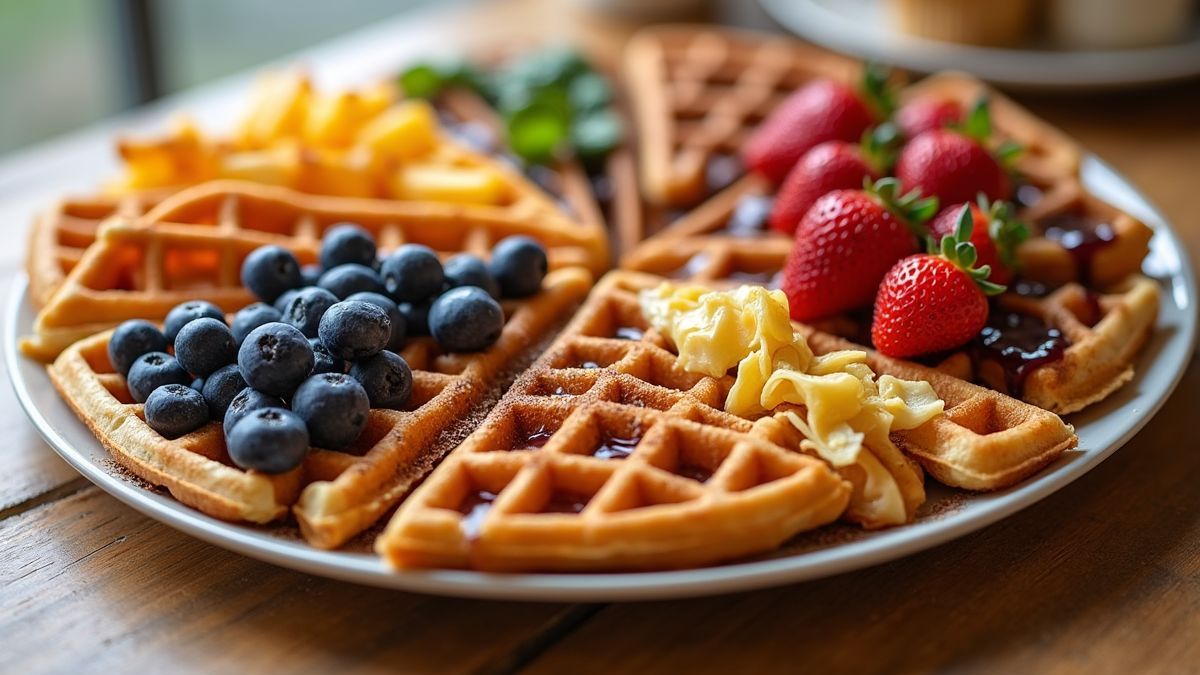 Een assortiment van zelfgemaakte wafels met diverse toppings