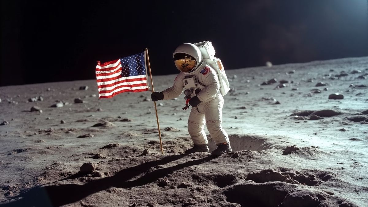 Een astronaut die een vlag plant op de maan tijdens de Apollo 11-missie.