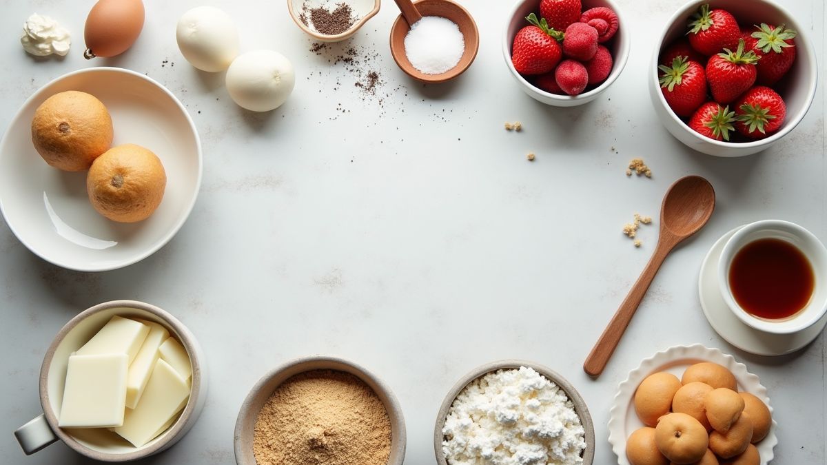 Een baksituatie met ingrediënten en gereedschappen aangeduid voor het maken van cupcakes.