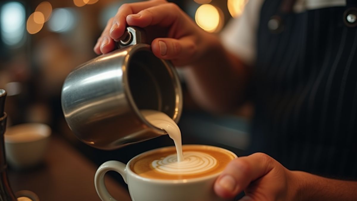 Een barista die deskundig schuim in een cappuccinokopje giet