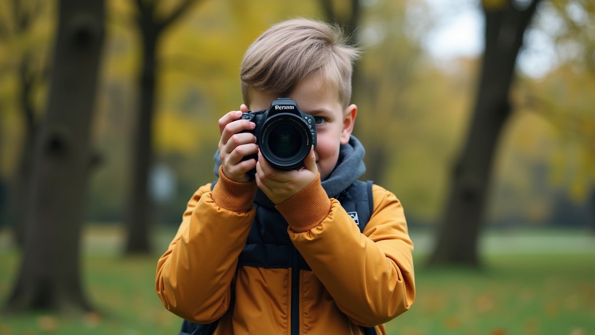 Een beginnende fotograaf die foto's maakt in een park.