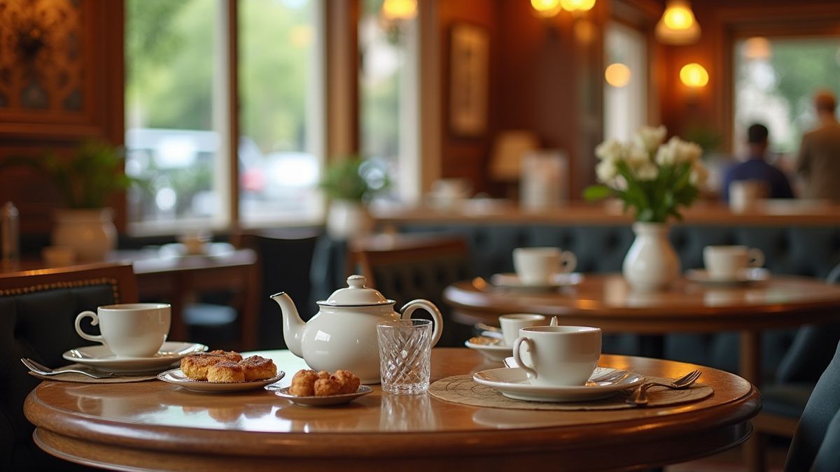 Een Belgisch theehuis met tafels vol thee en lokale gebakjes.
